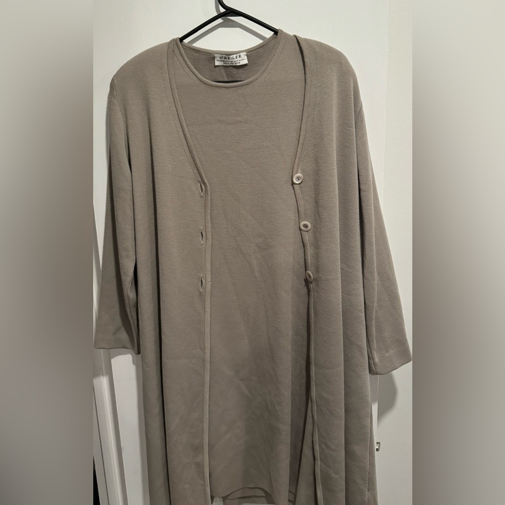 2pc JAEGER 💯Merino Wool Long Cardigan dress midi gray pewter quality luxe M/L